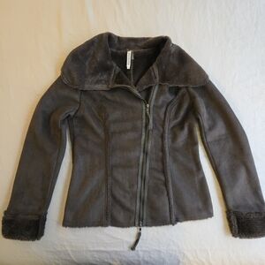 Monoreno Espresso Brown Faux Suede Asymmetrical Shearling Trim Moto Jacket CW3